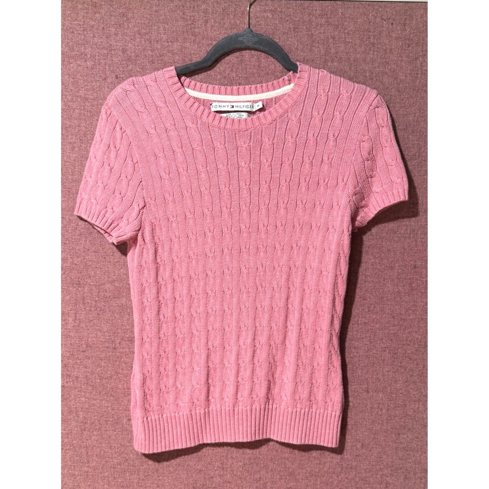 Tommy Hilfiger Pink Cable Knit Short Sleeve‎ Sweater Top M Made In Japan Y2K